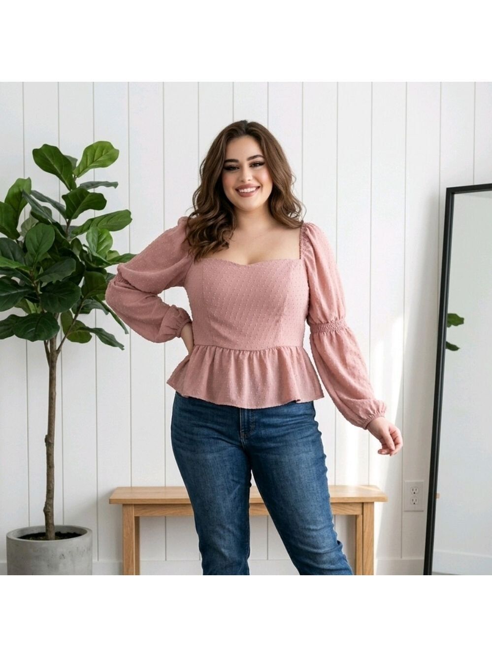 NWT Peplum Top Square Neck Long‎ Balloon Sleeve Smocked Blouse Pink, XL